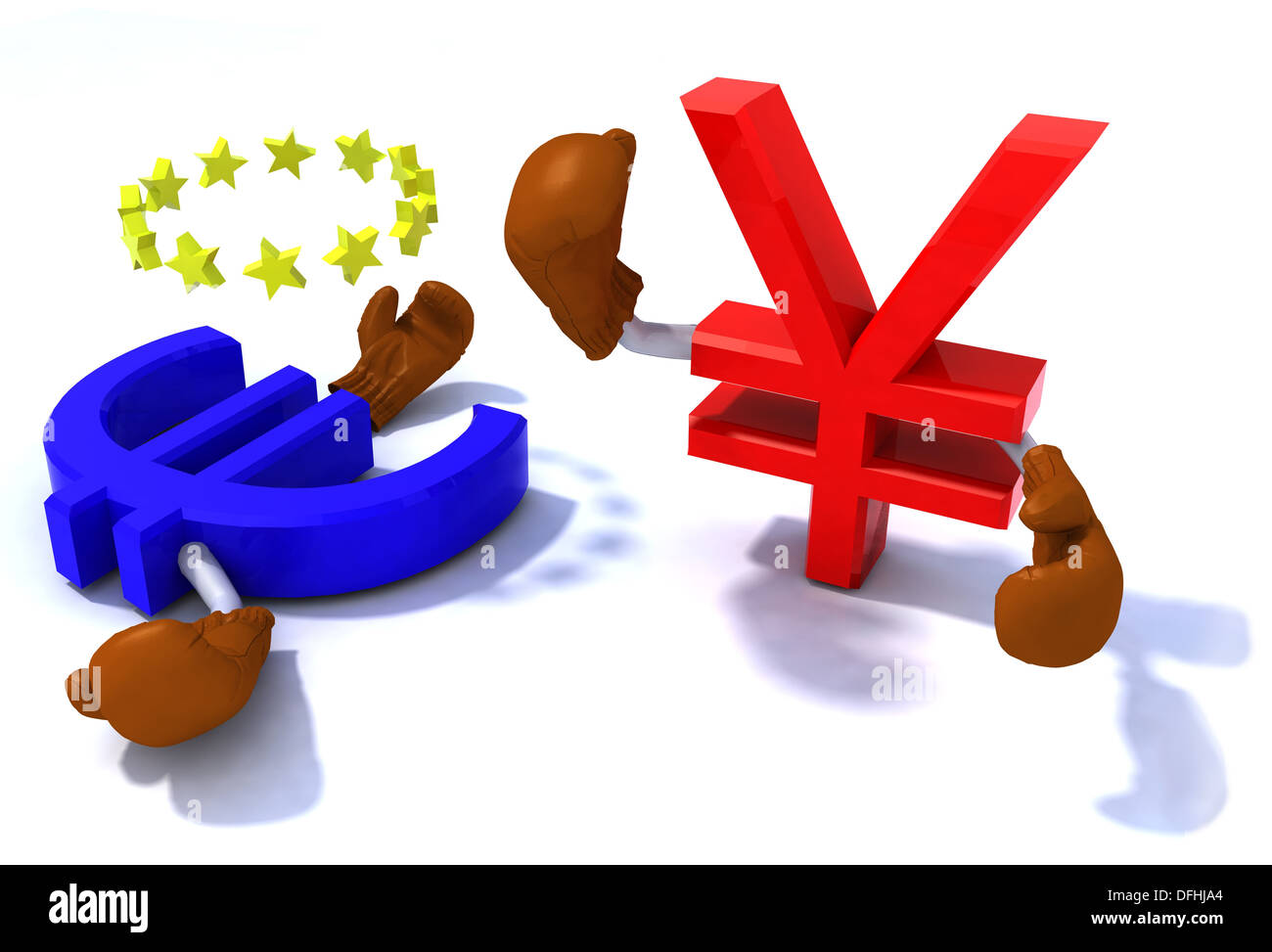 Symbol des Yen und Euro kämpfen mit Boxhandschuhen, 3d illustration Stockfoto