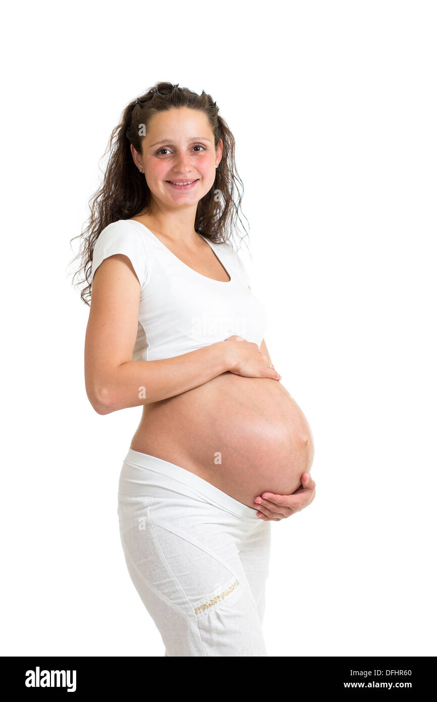 Schwangere Frau mit großen Bauch isoliert auf weiss Stockfoto
