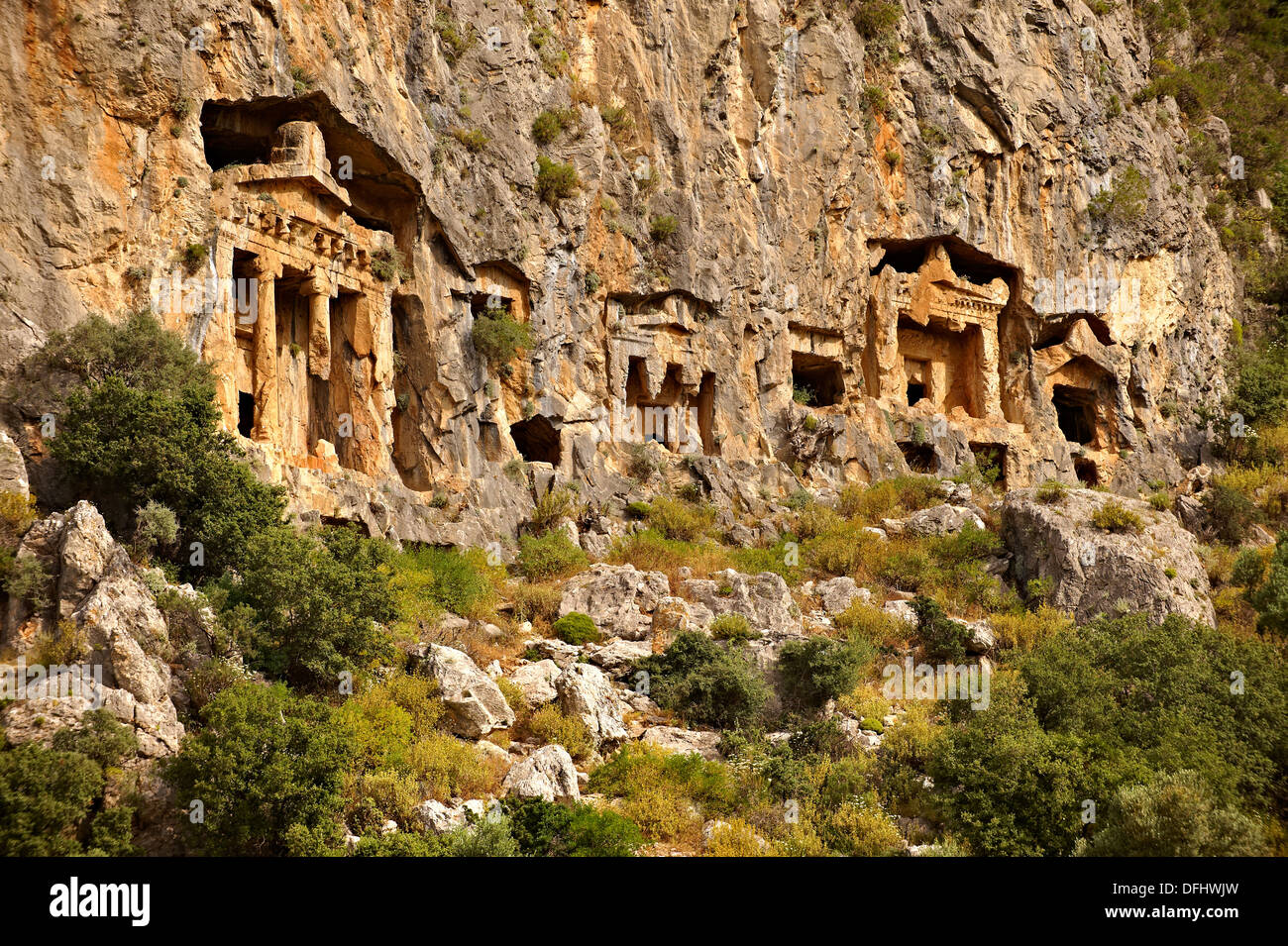 Die Lykische Tempel fronted Gräber, 4.-2. Cent. V. Chr. vor den Toren der archäologischen Stätte von Kounos, Daylan, Türkei Stockfoto