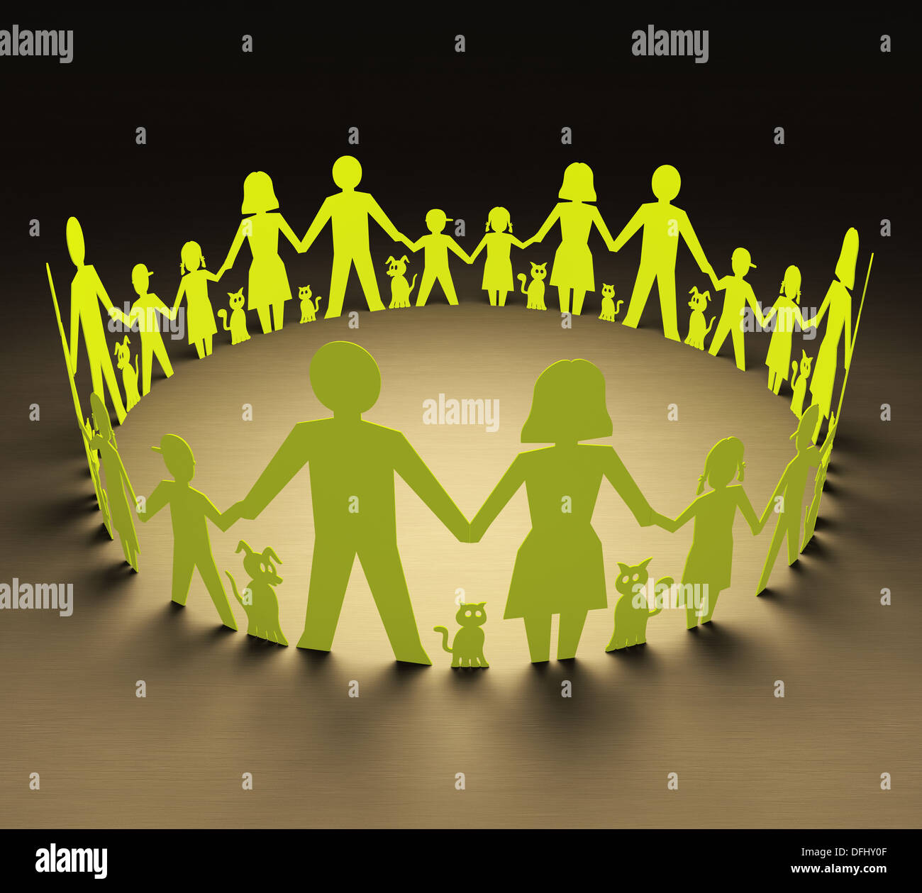 Glückliche Familien bilden einen Kreis der Einheit. Stockfoto