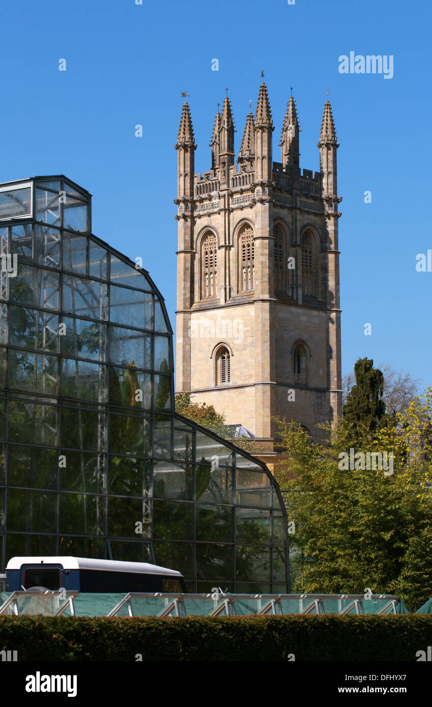 Oxford-Botanischer Garten Gewächshäuser und Magdalen College in Oxford, Hintergrund, Universität Oxford, Oxfordshire, Vereinigtes Königreich Stockfoto