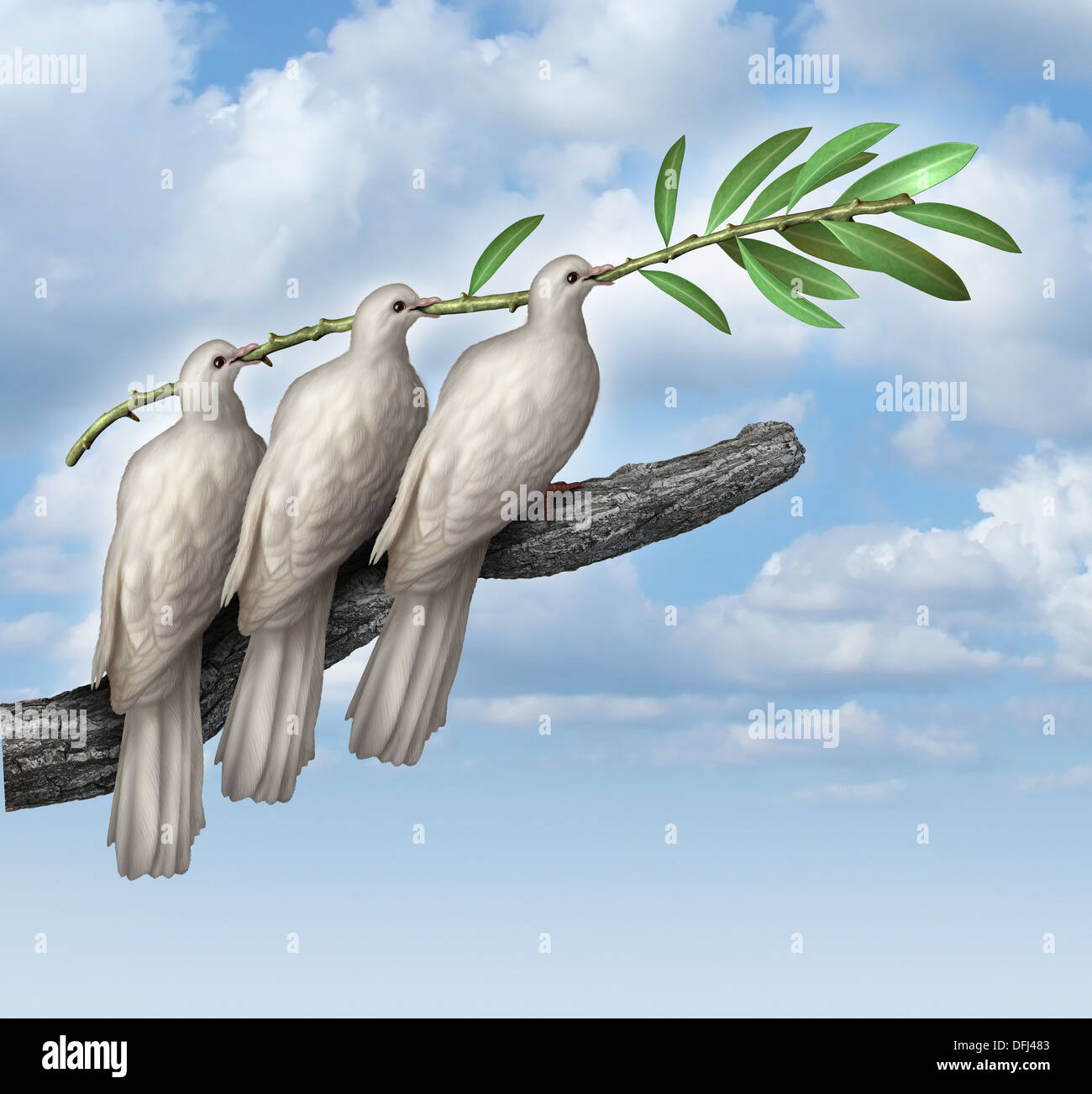 Gruppe-Diplomatie als ein Konzept der ausgehandelten Frieden mit drei weißen Tauben gemeinsam in Partnerschaft und Freundschaft hält einen Olivenzweig als Symbol der Brüderlichkeit und der Hoffnung für die Zukunft der Menschheit auf dem Weg der Menschenrechte und Freiheit. Stockfoto