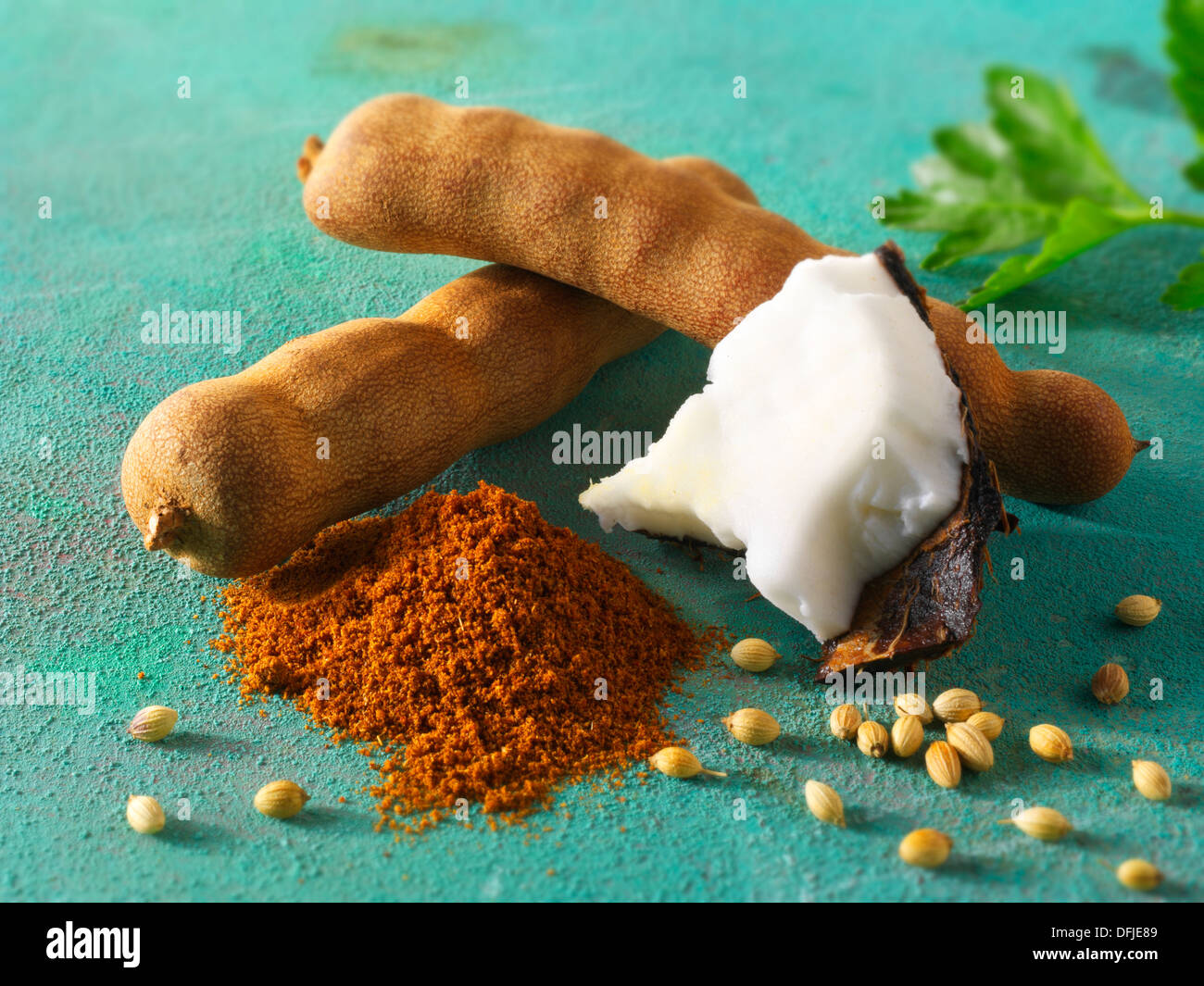 Ganze Tamarinde Hülsen, Kokosnuss, gemahlenen Chili Pulver & Koriander Samen. Indain Gewürze Stockfoto