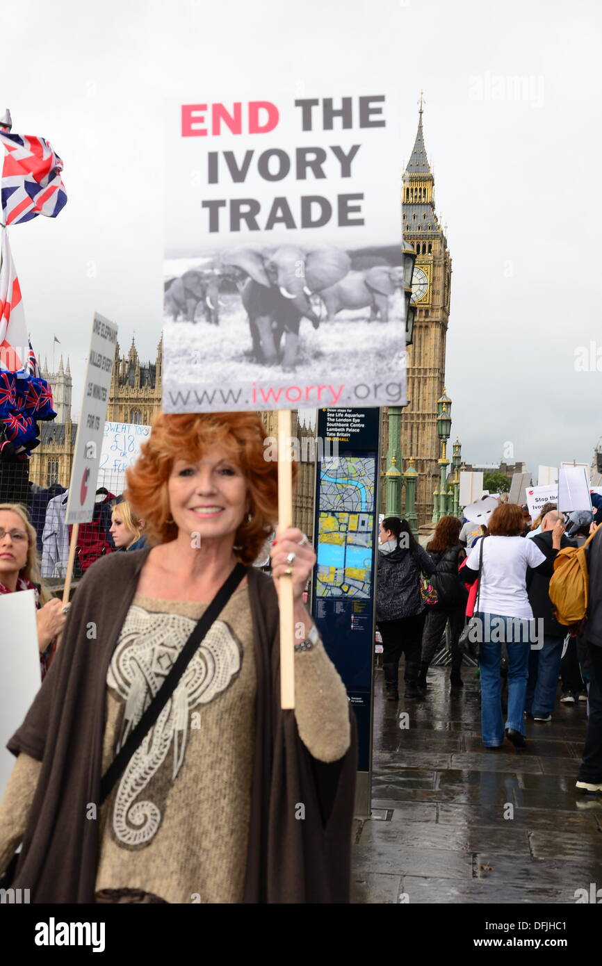 London UK, 4. Oktober 2013: britische Schauspielerin Rula Kenska, hält ein Elefant Maske außerhalb Parliament Square in London. Siehe Li / Alamy, live-Nachrichten Stockfoto