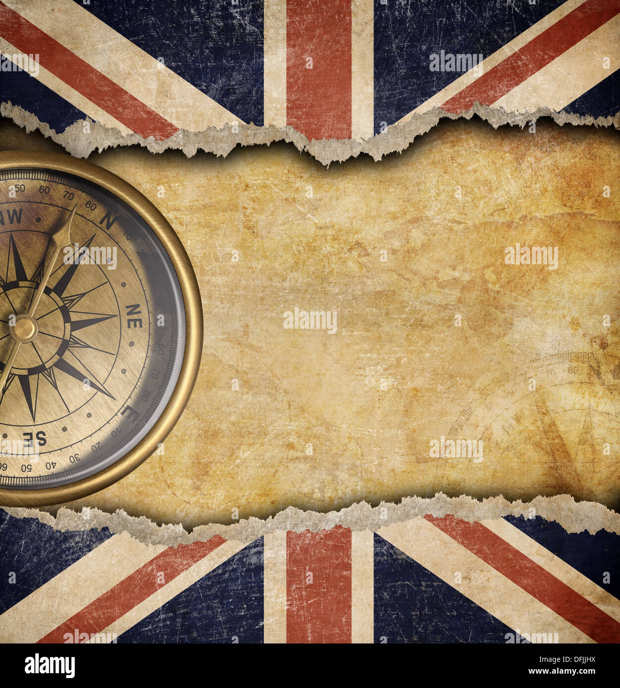 Britische Flagge Grunge und alte Messing-Kompass Stockfoto