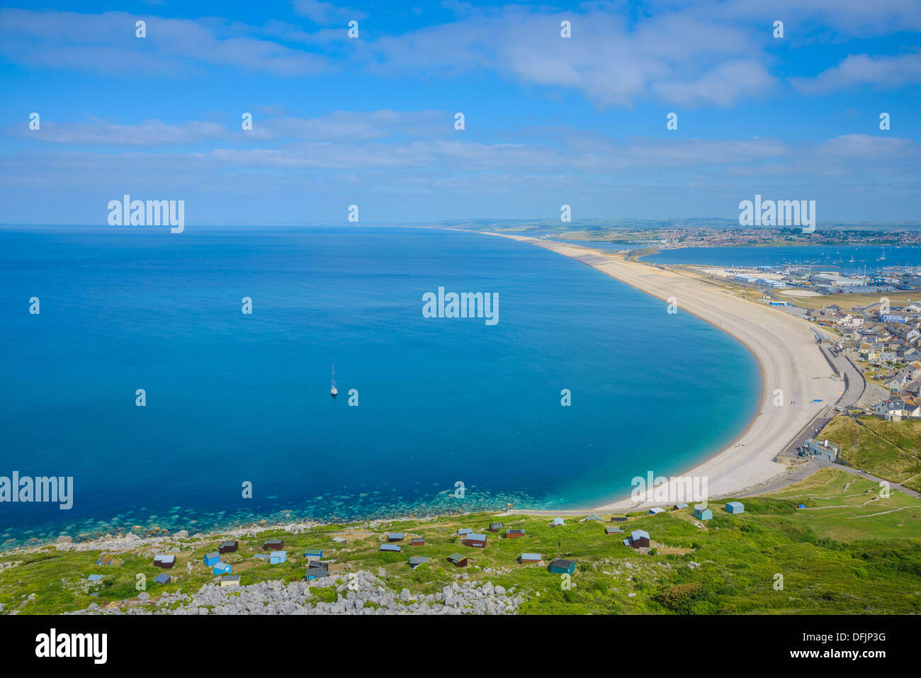 Chesil Beach aus Portland, Juraküste Welterbe-Aufstellungsort, Dorset, England Stockfoto