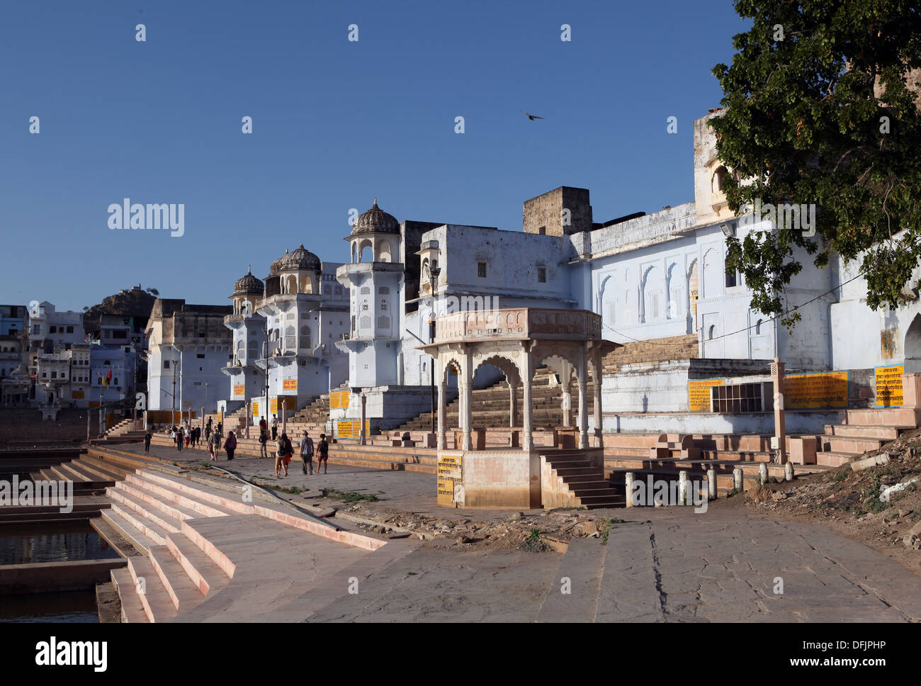 Blick Richtung Ghats und die Heilige Stadt von Pushkar, Rajasthan, Indien, Asien Stockfoto