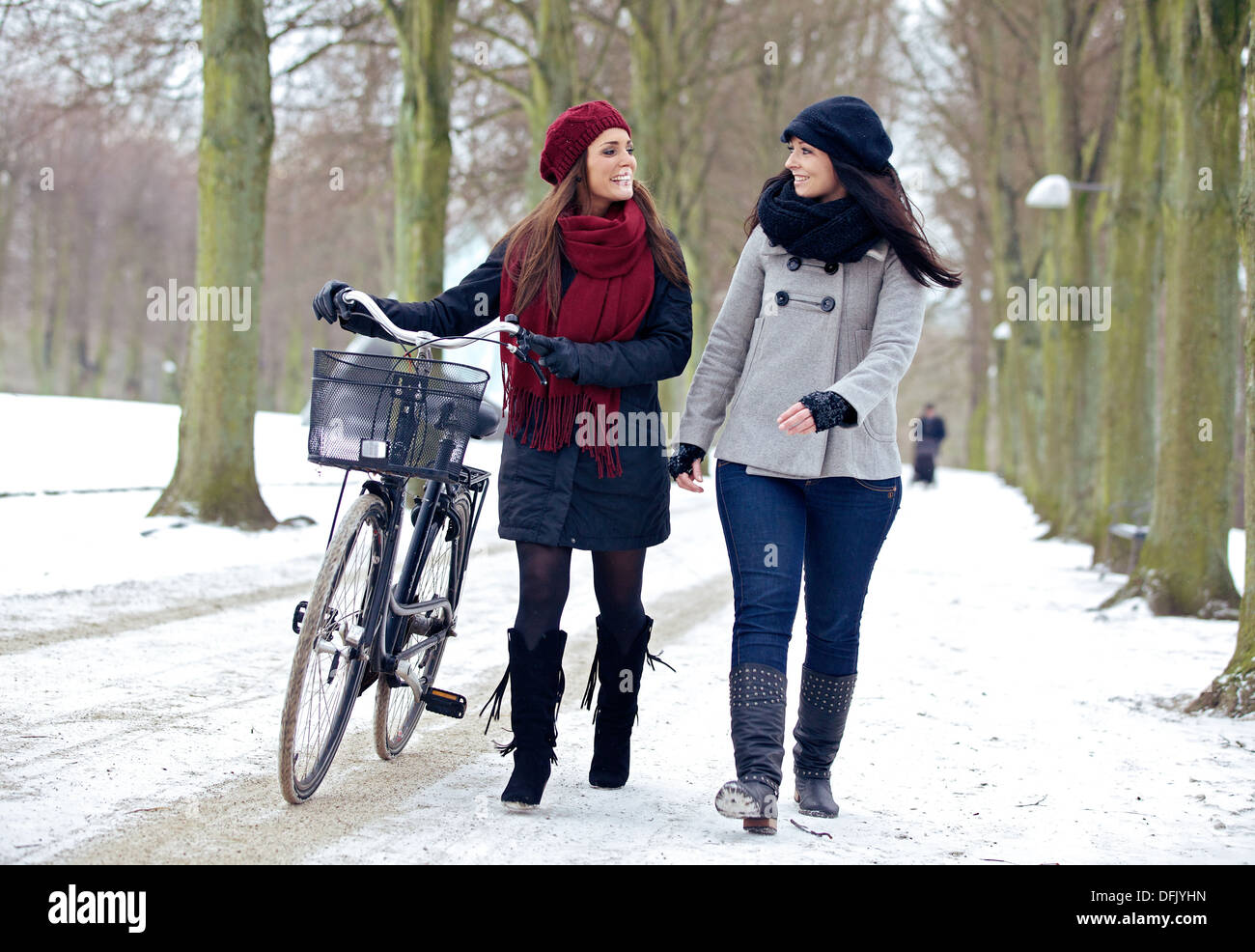 Zwei Freunde, die Zeit zusammen bei einem Spaziergang in einem Park Winter genießen Stockfoto