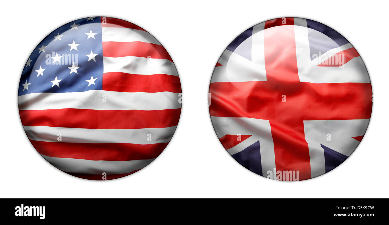 Amerikanische und britische Flagge Tasten isoliert auf weiss Stockfoto