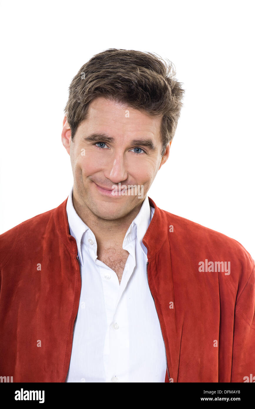 ein Mann Reife schön Portrait blaue Augen lächelnd Porträt-Studio weiß-Hintergrund Stockfoto