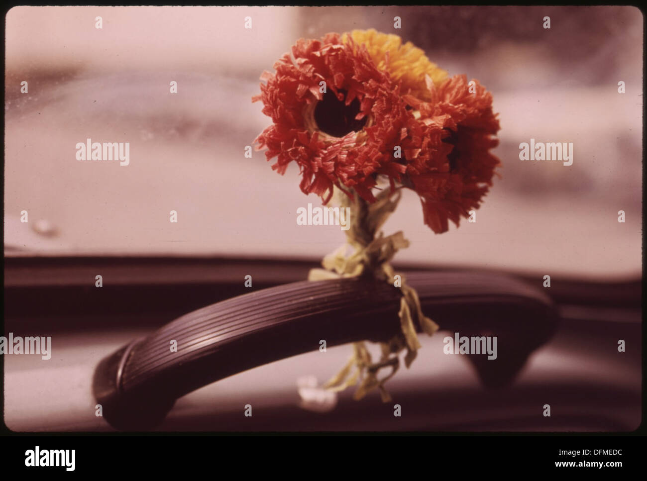 Im Innenraum des Volkswagen Beetle eines Fotografen liegt ein Papierposy auf, der das minimalistische Design des Autos aufhellt. Diese künstlerische Aufnahme kombiniert die schlichte Eleganz einer handgefertigten Blume mit dem ikonischen Stil des VW Käfers. Stockfoto