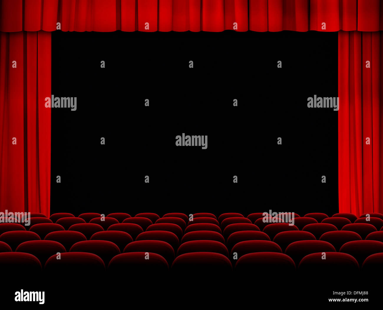 Theater rote Saal mit Bühne, Vorhänge und Sitze Stockfoto