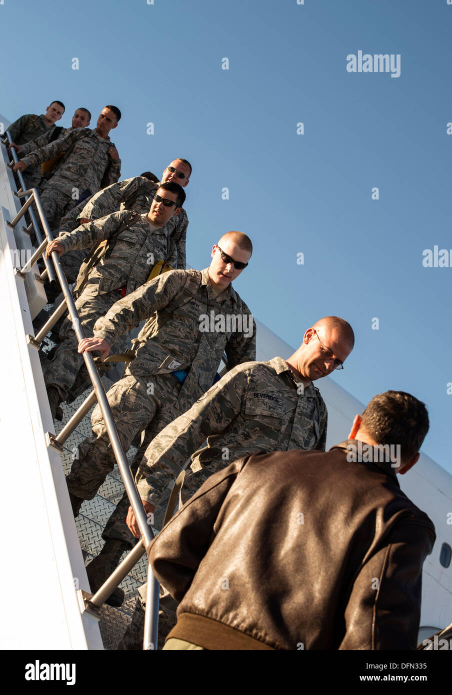 Irmen Rückkehr nach Mountain Home Air Force Base, Idaho, 3. Oktober 2013. Sie kehrten von einem sechsmonatigen Einsatz in Südwestasien. Stockfoto