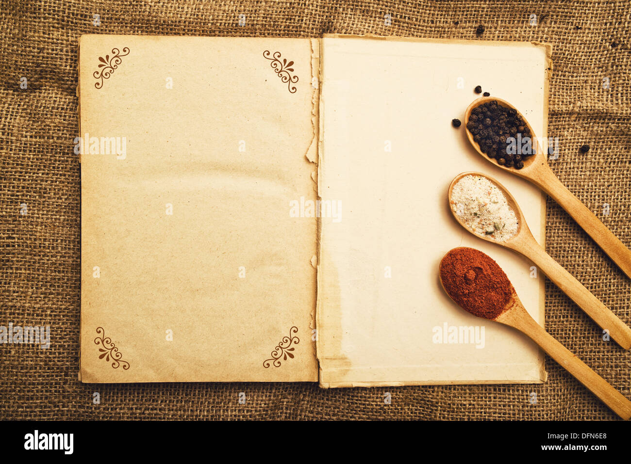 Gewürze. Lebensmittelzutaten auf Holz Löffel mit öffnen Sie Adressbuch am Küchentisch. Stockfoto