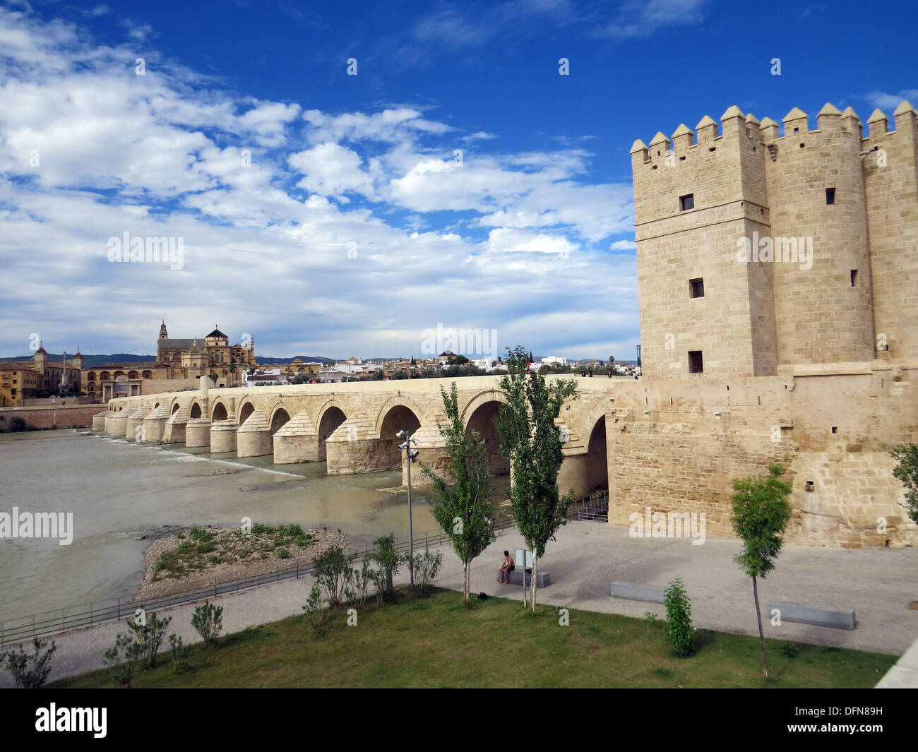 Córdoba, Andalusien, Spanien mit dem römischen Kastells und die Brücke über den Guadalquivir in Richtung der Kathedrale führt. Foto von Tony Gale / Stockfoto