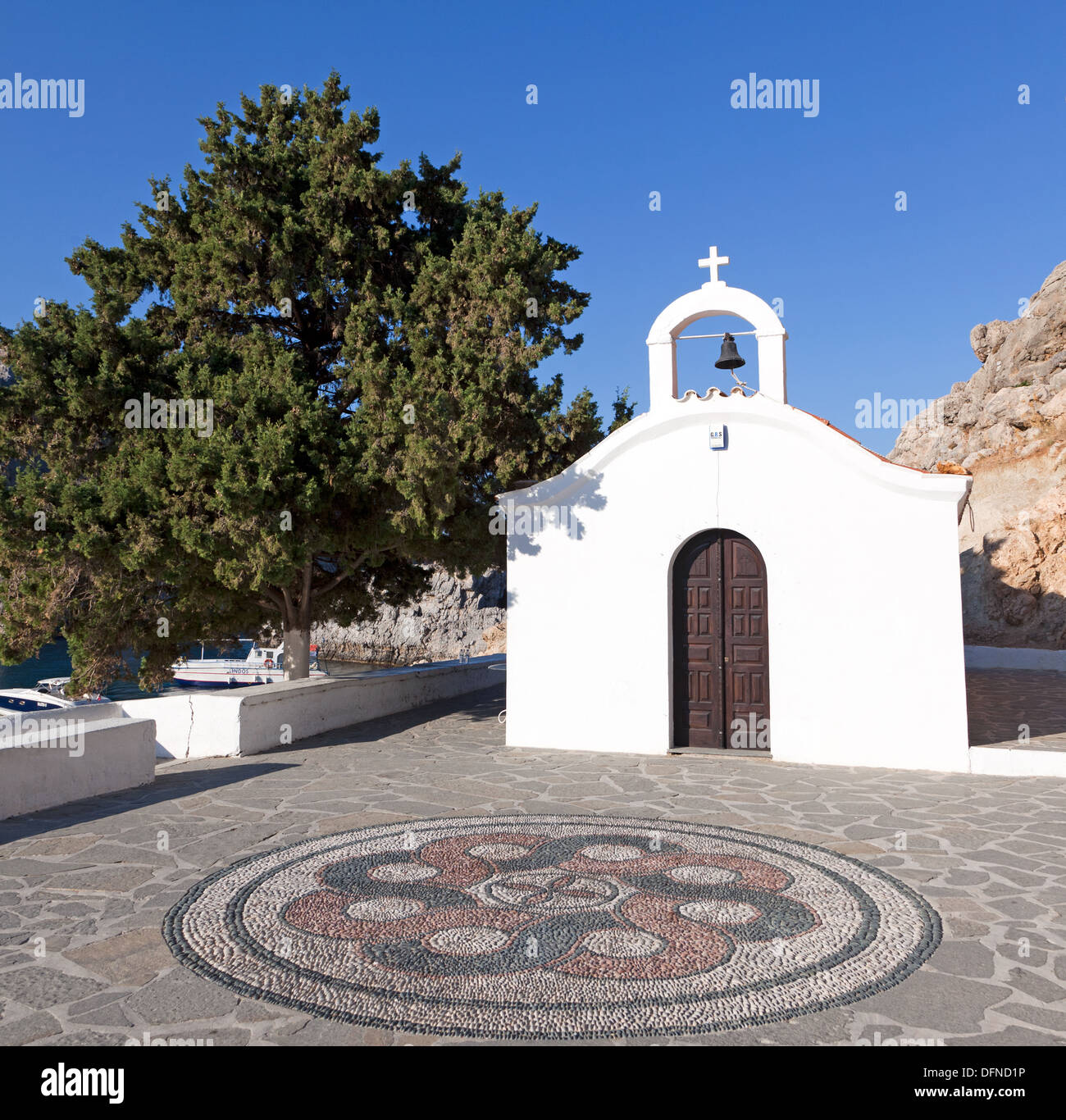 ST Pauls Kirche Lindos Rhodos griechische Inseln Griechenland Stockfoto