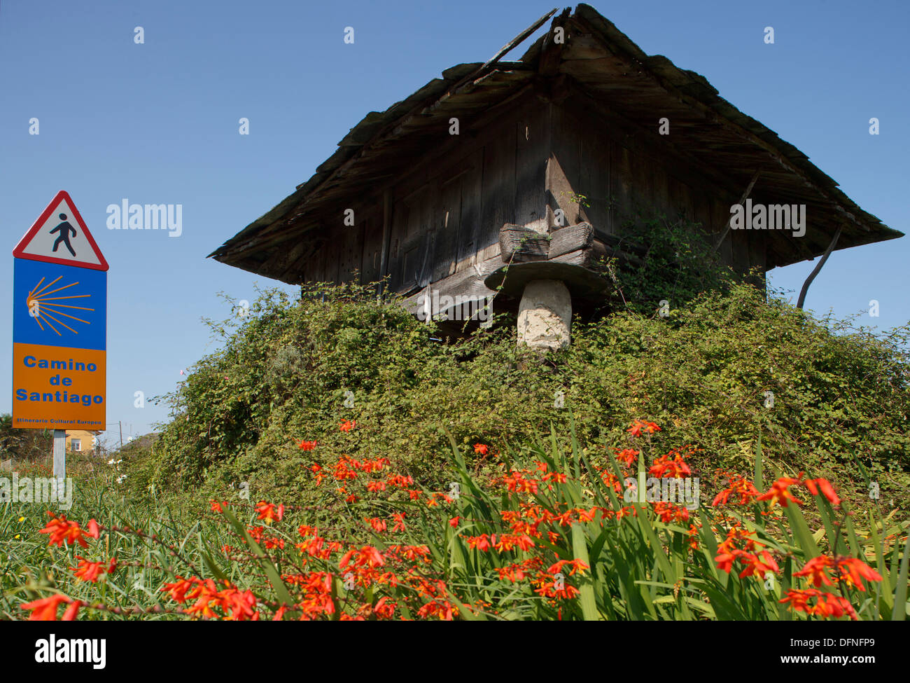 Horreo, traditioneller Lager, Kornspeicher, unterzeichnen post, Symbol, Aquelcabo, in der Nähe von Luarca, Camino De La Costa, Camino del Norte, coasta Stockfoto