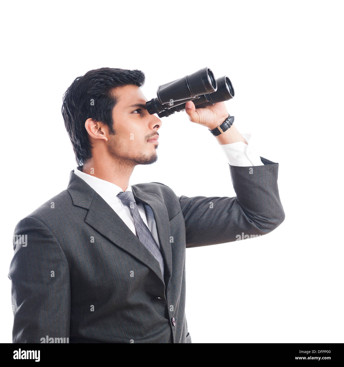 Geschäftsmann, schauen durch ein Fernglas Stockfoto