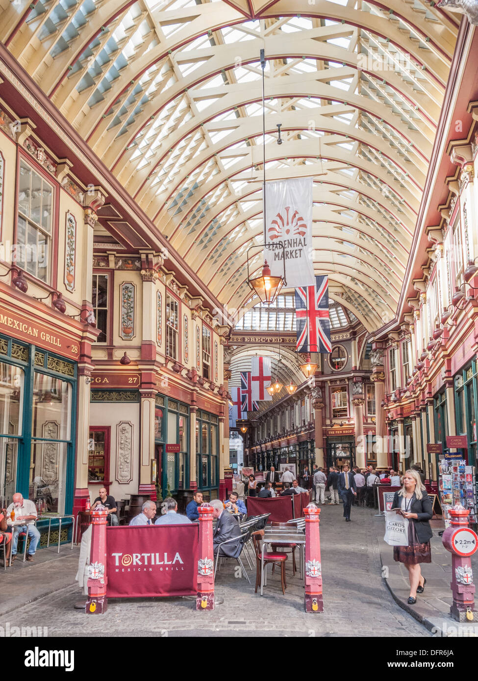 Leadenhall Market, ein viktorianischen Markthalle im Bereich Versicherungen und Finanzdienstleistungen in der City of London, UK Stockfoto