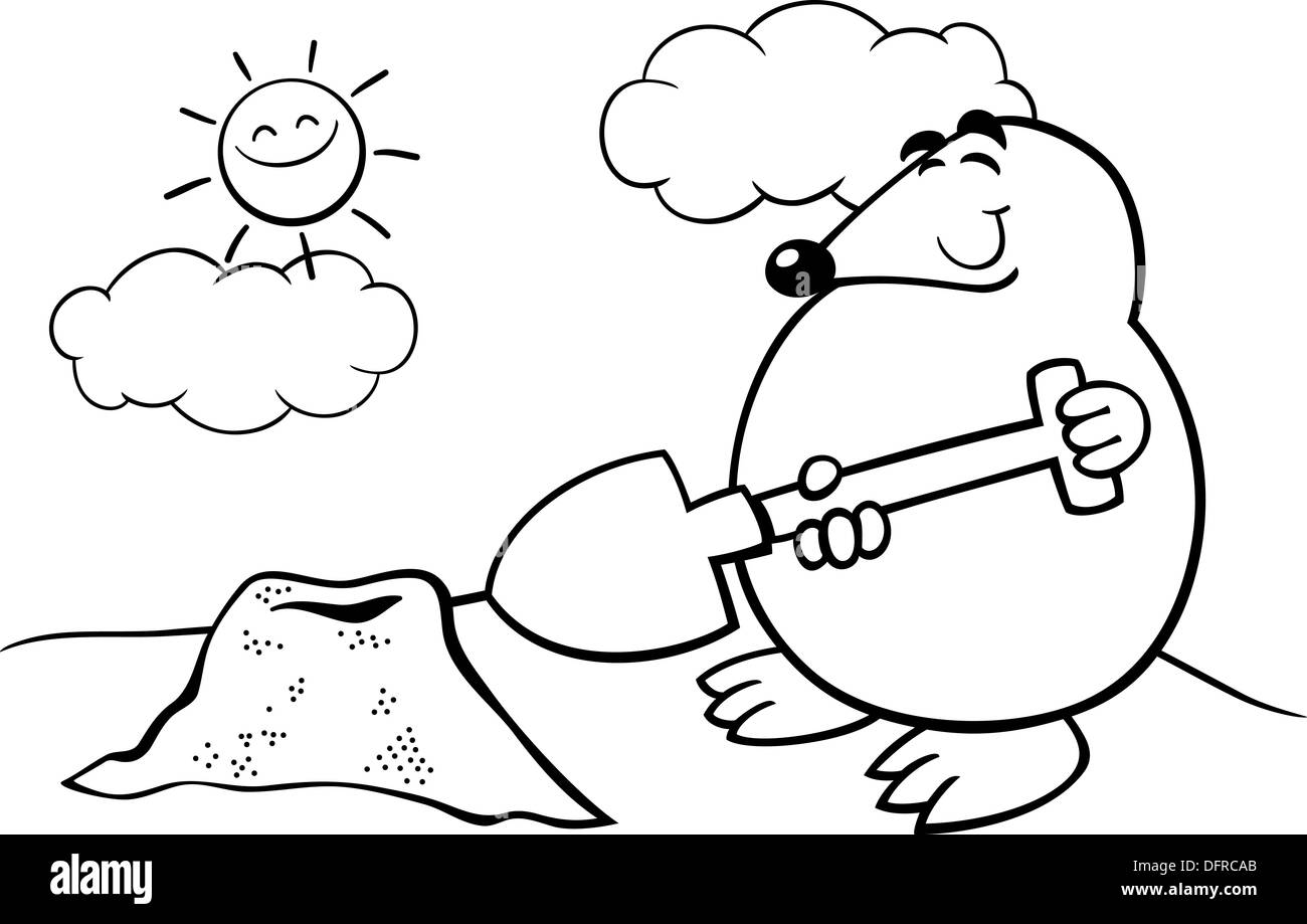 Schwarz / Weiß Cartoon Illustration der lustige süße Maulwurf mit