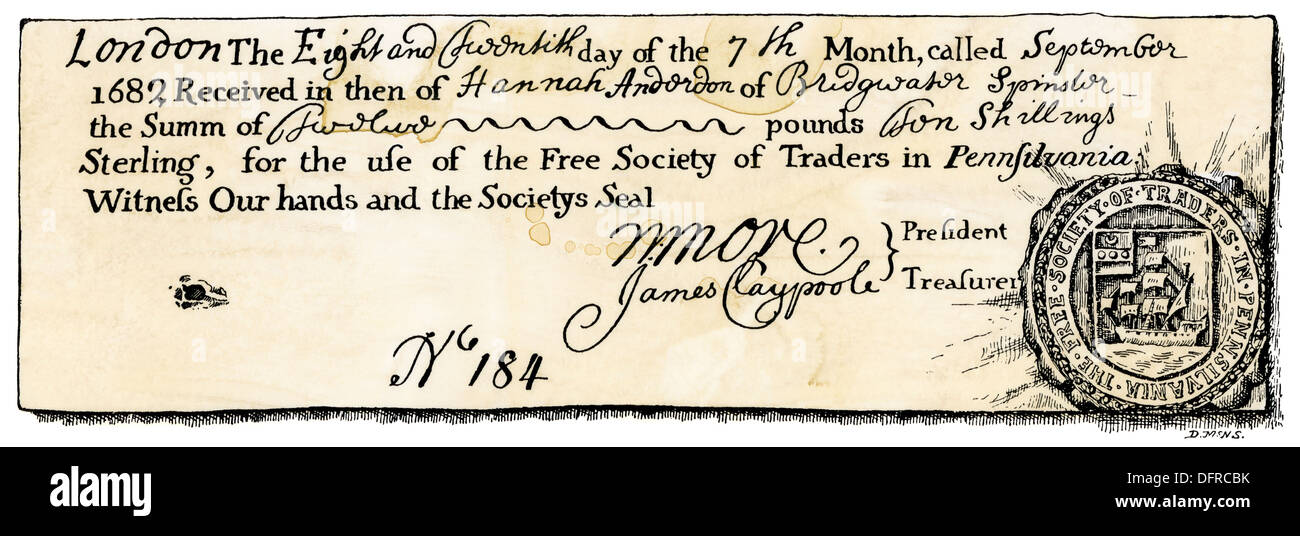 Erhalt und die Dichtung der freien Gesellschaft der Händler in Pennsylvania, 1682. Holzschnitt mit einem Aquarell waschen Stockfoto