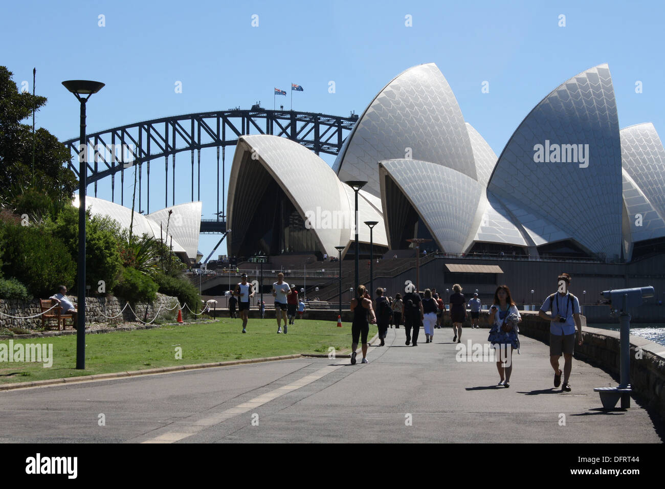 Sydney Opera House mit der Harbour Bridge von hinten aus gesehen Die Royal Botanic Gardens Stockfoto