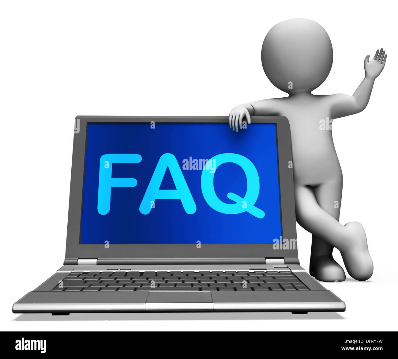 FAQ-Laptop und Charakter zeigt Lösung und häufig gestellte Fragen Stockfoto