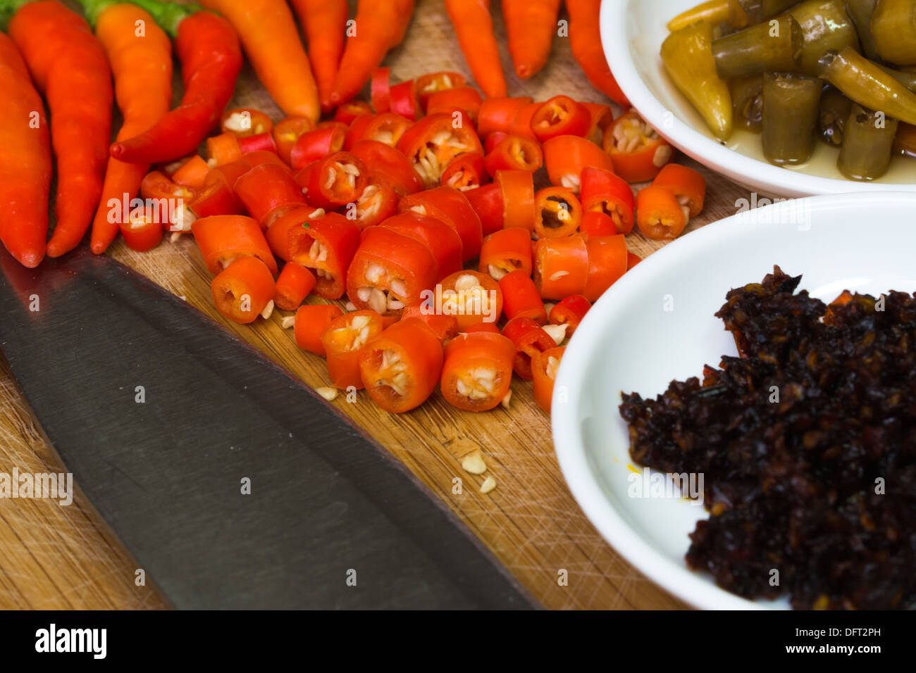 Red Hot Chili Pepper, Chili-Pfeffer, Frische Chilischote, Sate Chilli paste, Peperoni, eingelegte Peperoni. Stockfoto
