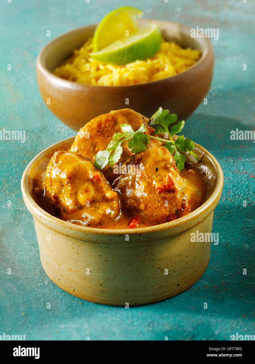 Chicken Vindaloo, Pilau Reis & Naan Brot. Tradional Bangladesch curry Stockfoto