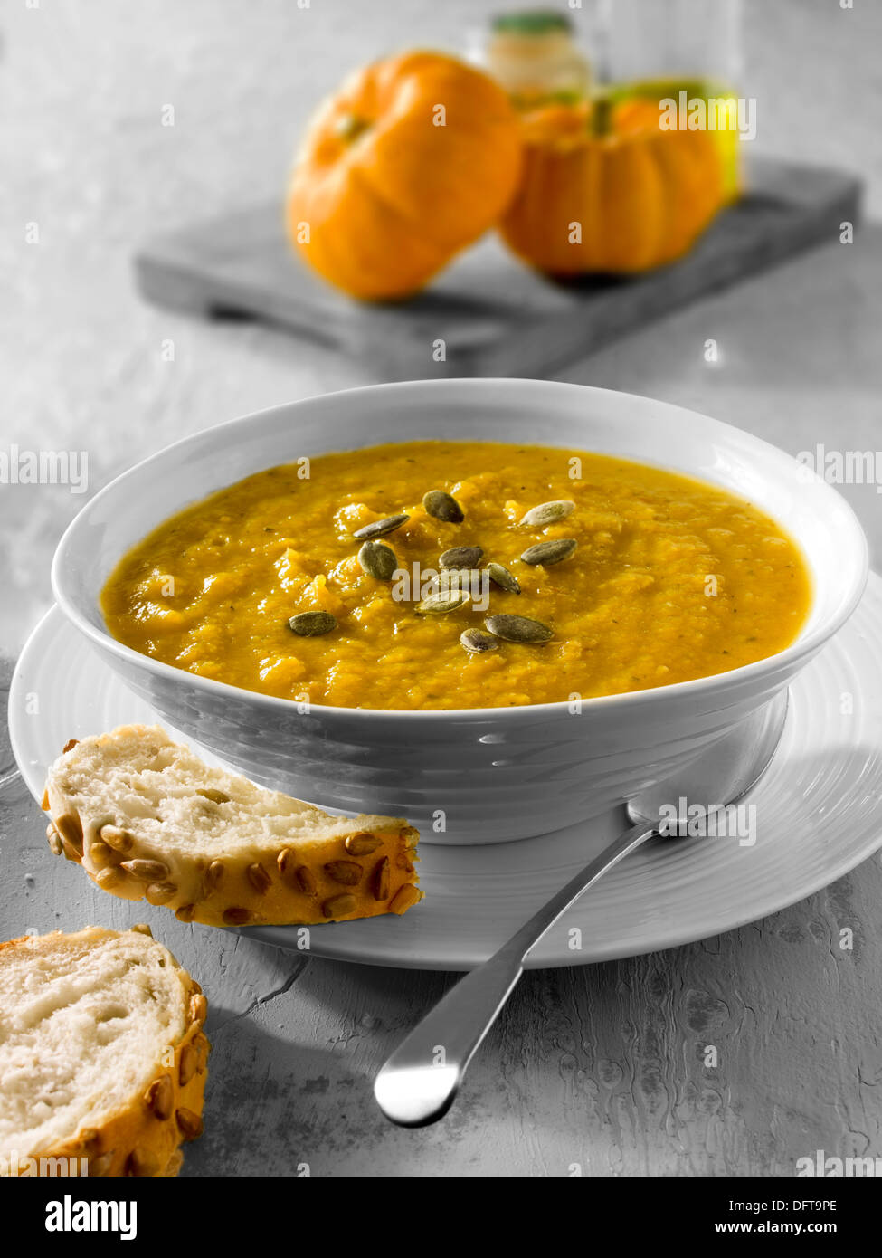 Kürbis & Speck Suppe Stockfoto