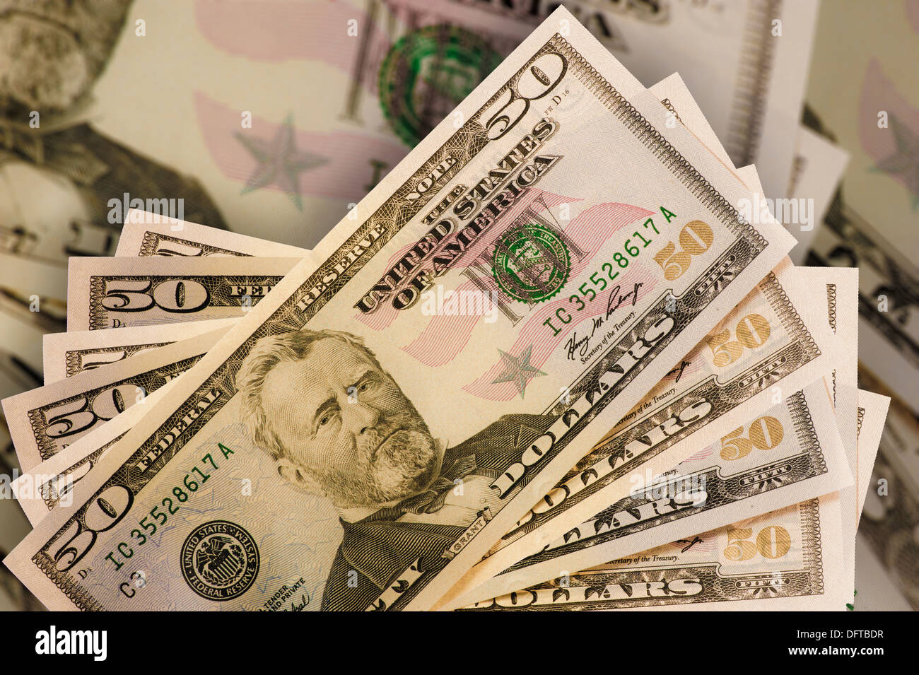 Fünfzig Dollar ($50) US-Banknoten Stockfoto
