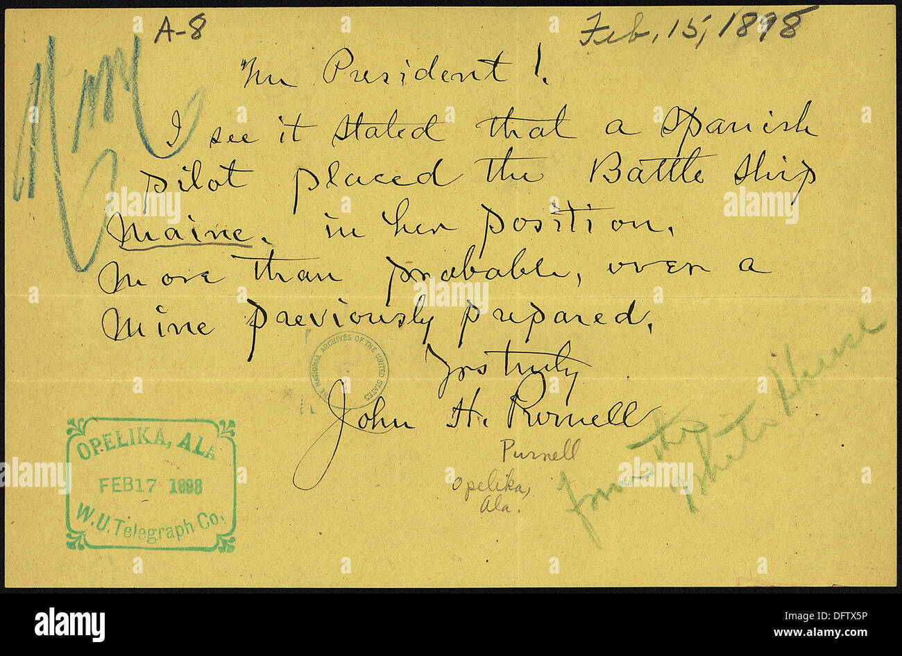 Telegramm vom John H. Purnell Präsident McKinley 300265 Stockfoto