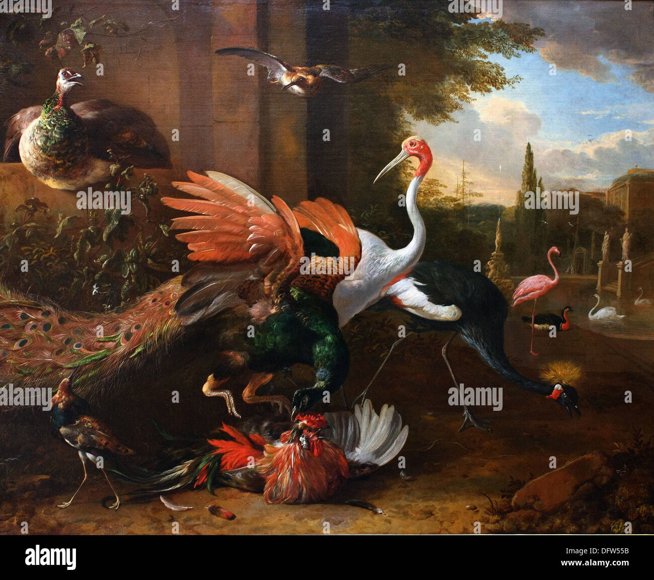 Melchior de HONDECOETER - Kampf zwischen ein Pfau und ein Hahn-1670 - Museum der schönen Künste - Budapest, Ungarn. Stockfoto