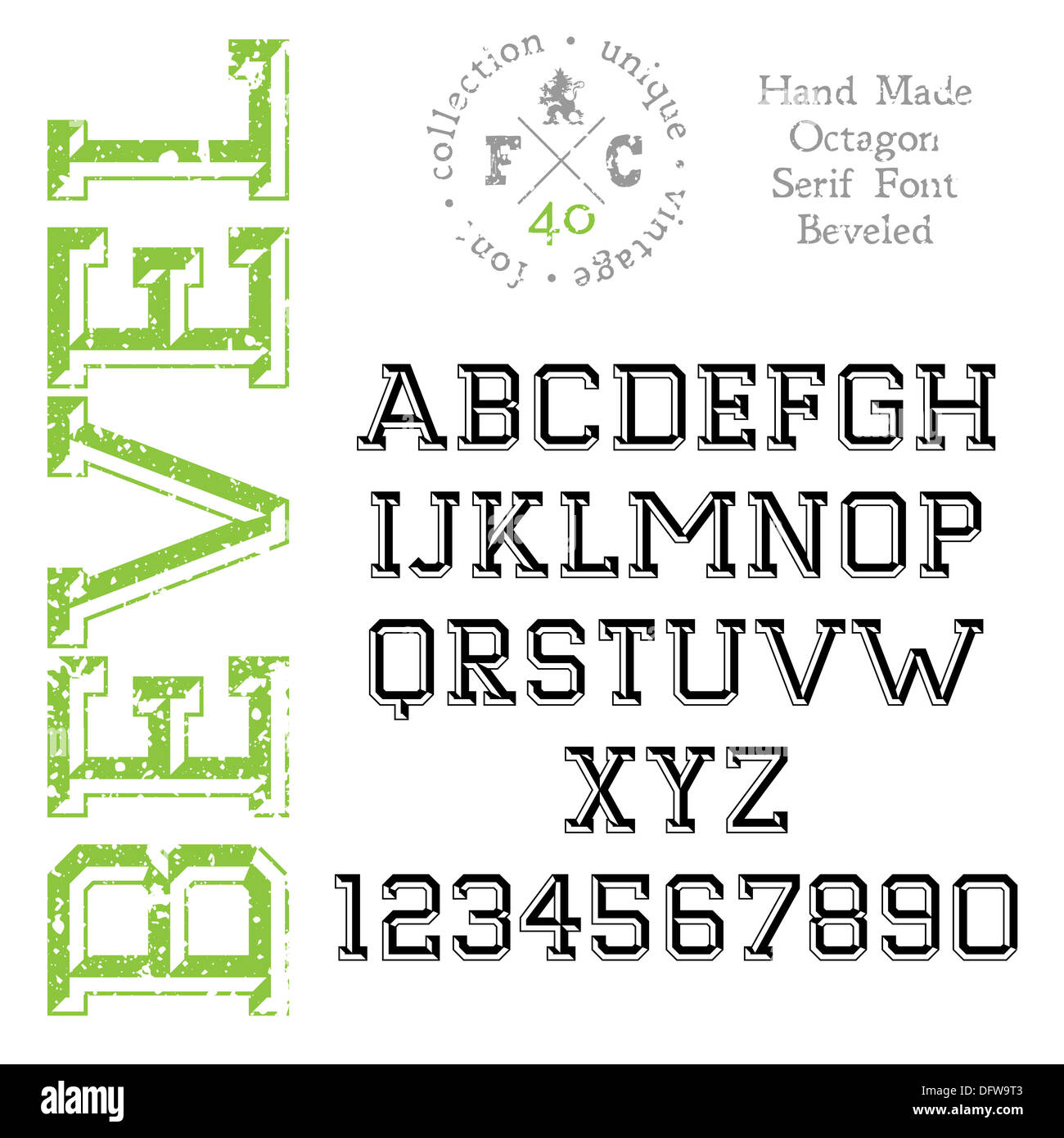 Handgemachte Retro-Schriftart. Slab Serif abgeschrägte 3D-Typ. Stockfoto
