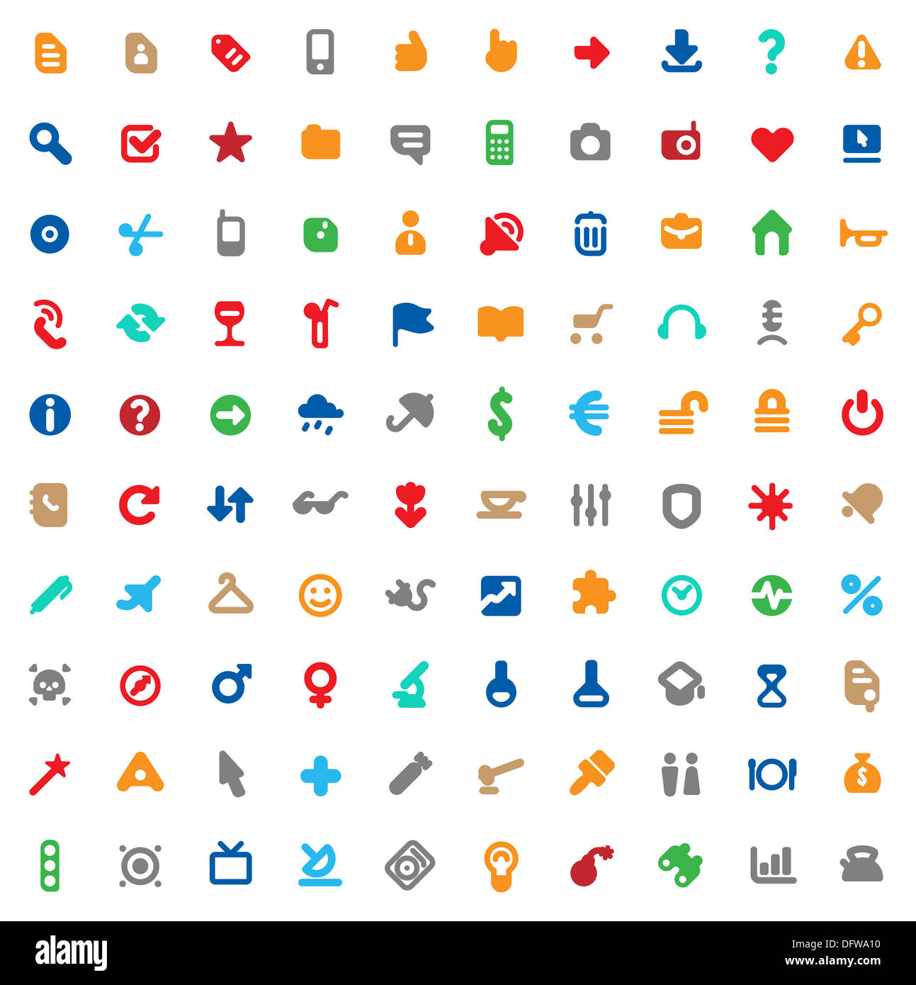 Set von 100 bunte Icons für Website-Schnittstelle, Business Designs, Finanzen, Sicherheit und Freizeit. Stockfoto