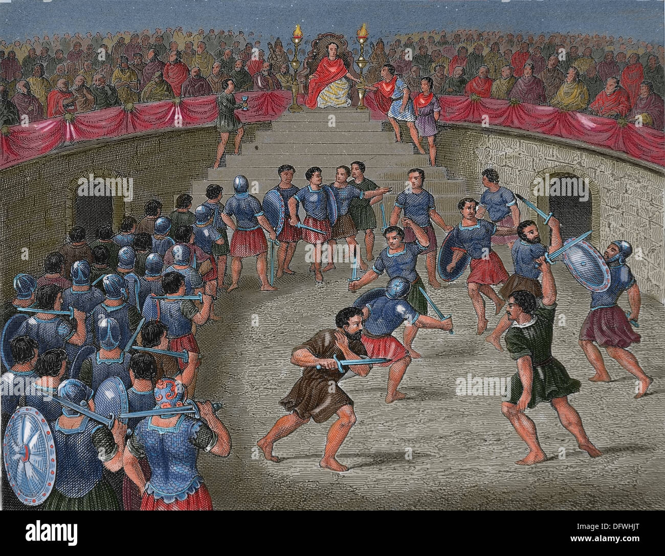 Antiken Zeitalter. Römischen Reiches. Gladiatoren in der Teather. farbige Gravur. des 19. Jahrhunderts. Stockfoto
