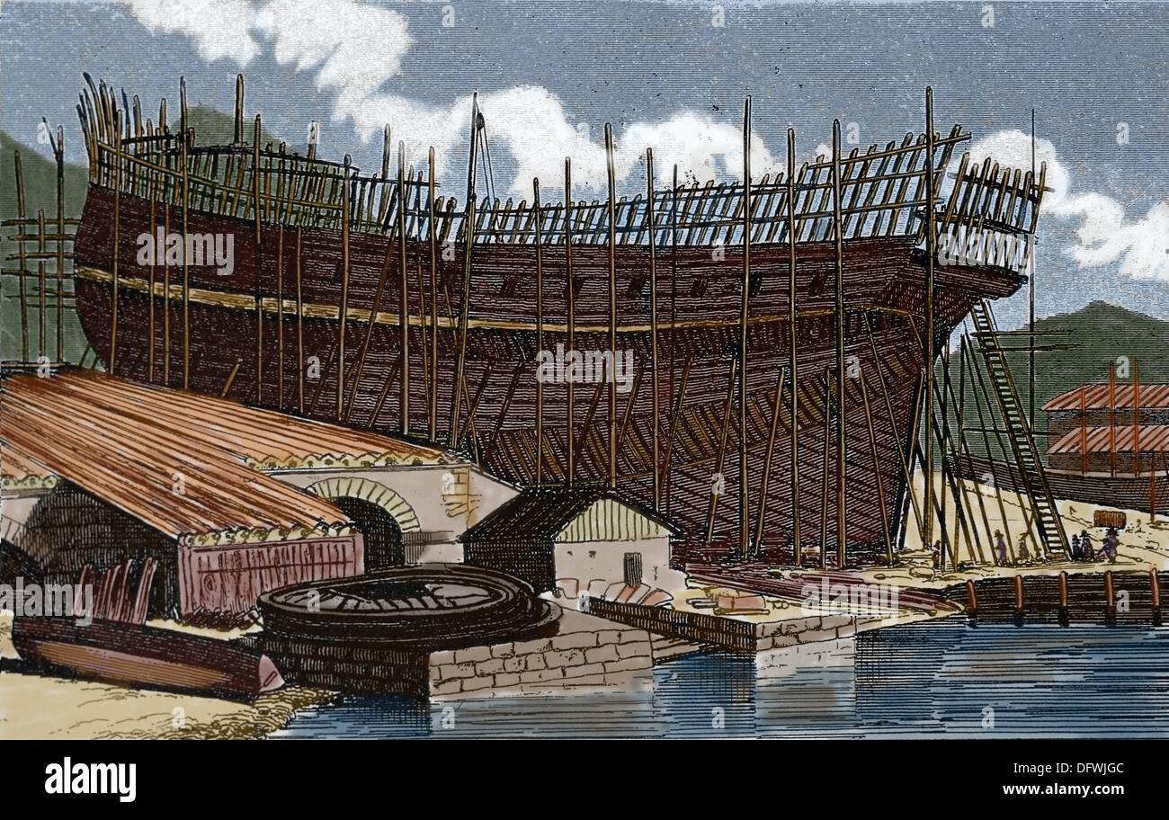 Linienschiff auf die Bestände. Farbige Gravur. des 19. Jahrhunderts. Stockfoto