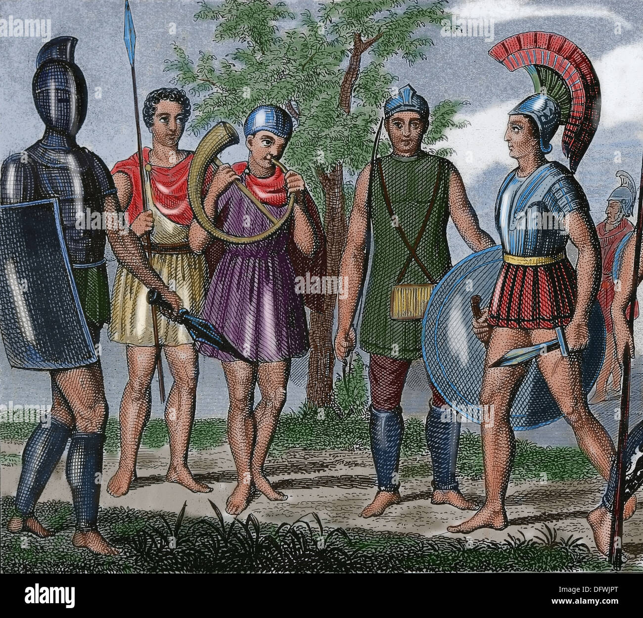 Antiken Zeitalter. Etrurien. Soldaten und Bogenschützen etruskischen. Farbige Gravur. des 19. Jahrhunderts. Stockfoto