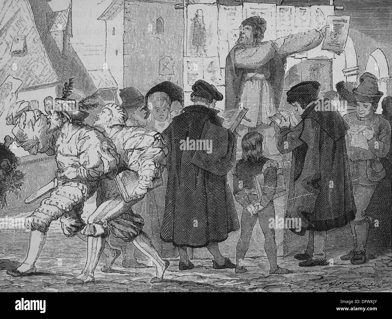 Hawker Bücher. Deutschland. 16. Jahrhundert. Kupferstich von H. Kaeseberg. "Germania", 1882. Stockfoto