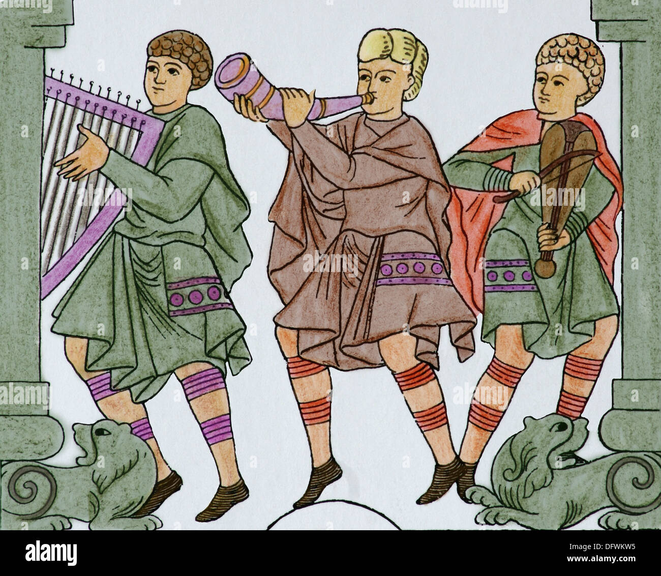 Gesellschaft. C. 1000 AD. Deutschland. Musik. Junge Männer. Gravur des 19. Jahrhunderts. Spätere Färbung. Stockfoto
