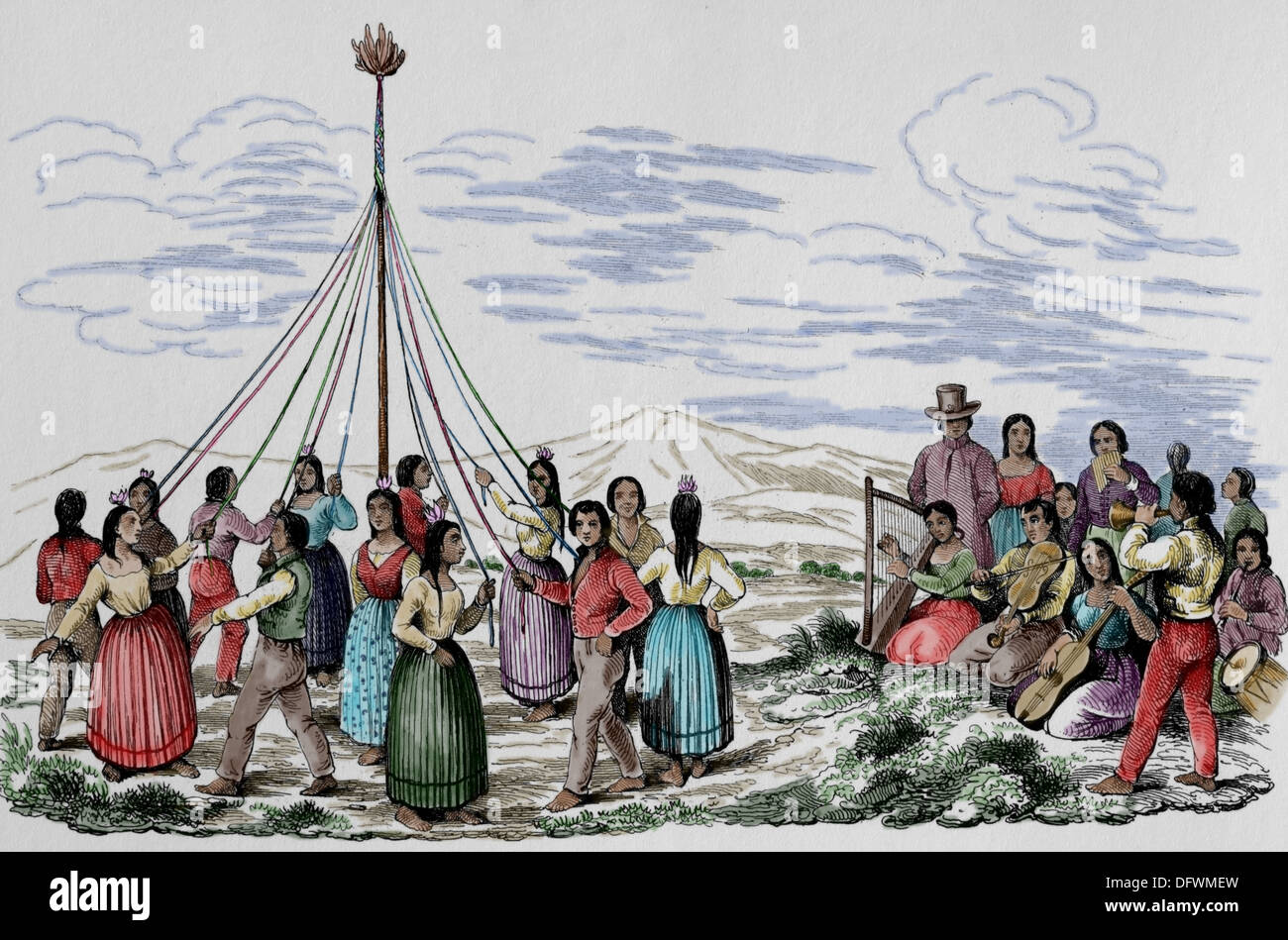Süd-Amerika. Peru. Bergleute bei einem Tanz. C. 1840. Kupferstich, 19. Jahrhundert. Spätere Färbung. Stockfoto