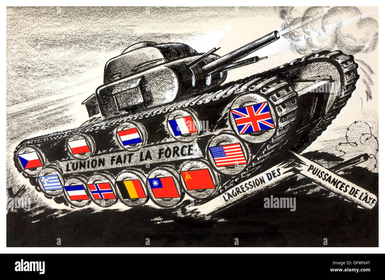 WW2-Propaganda-Plakat zeigt Einheit zwischen Achsenmächten mit Fahnen auf einem Panzer im Kampf Stockfoto
