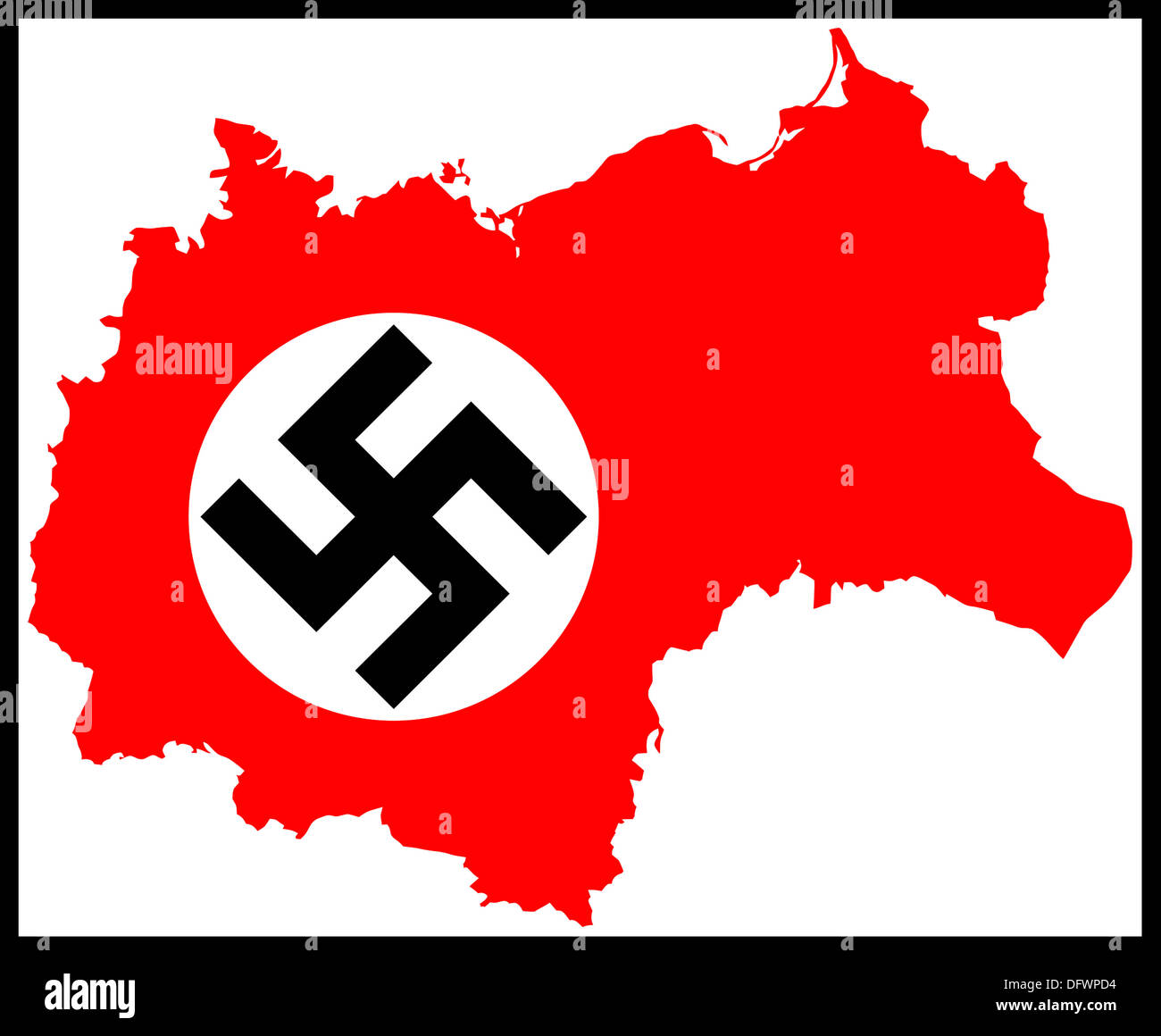 Deutsche Nazi-Hakenkreuz-Flagge auf roter Umrisskarte der besetzten Länder während des 2. Weltkriegs von 1939 bis 1945. Deutsche Besatzung. Stockfoto