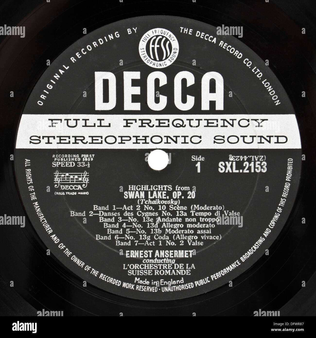 "Highlights aus Schwanensee" Vinyl-Schallplatte, die seltenen original erste Stereo Drücken von 1959 (Decca SXL 2153, ED1 Version) Stockfoto