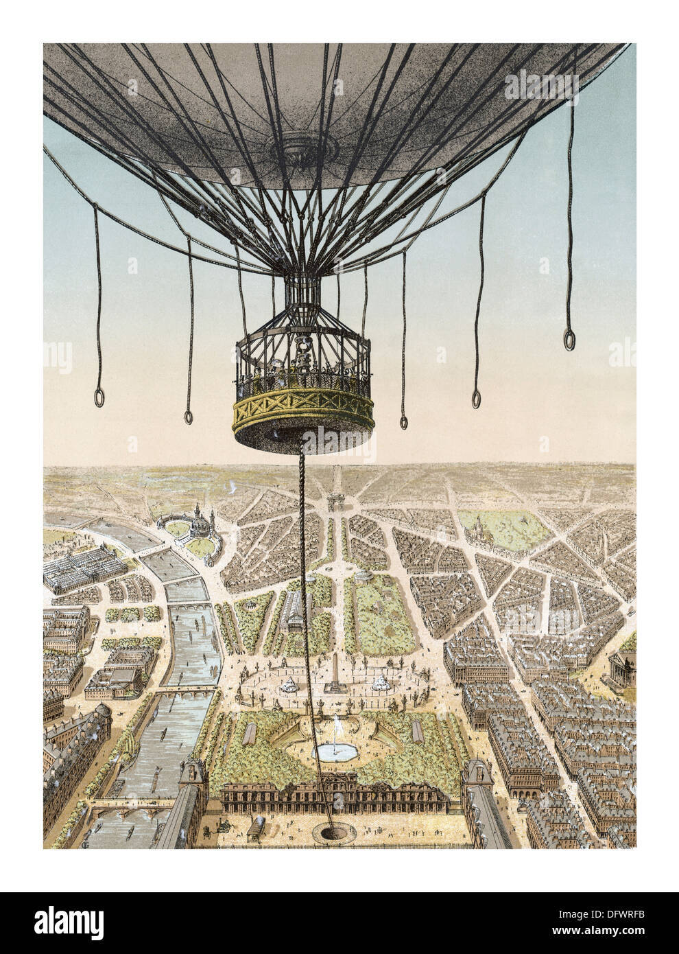 1878 Illustration des Grand Ballon Welt Weltausstellung mit Panorama von Paris aus den Jardin des Tuileries Stockfoto