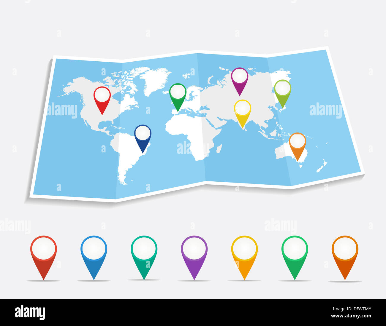 Weltkarte mit Geo Position Pins Reisen Elemente-Zusammensetzung. EPS10 Vektor-Datei organisiert in Schichten für die einfache Bearbeitung. Stockfoto