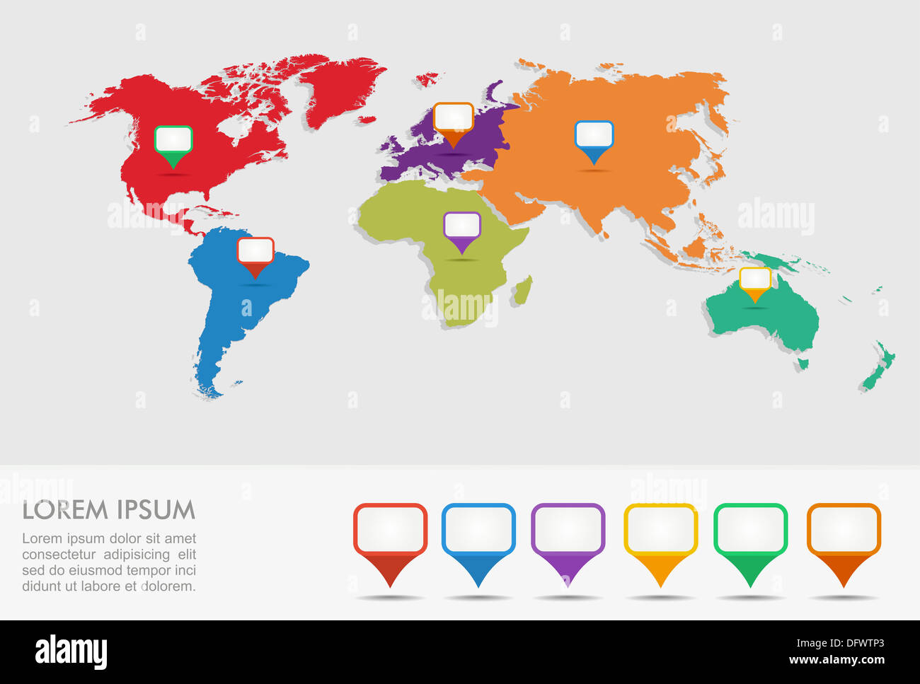 Weltkarte, Geo Position Zeiger Infografiken Vorlage. EPS10 Vektor-Datei organisiert in Schichten für die einfache Bearbeitung. Stockfoto
