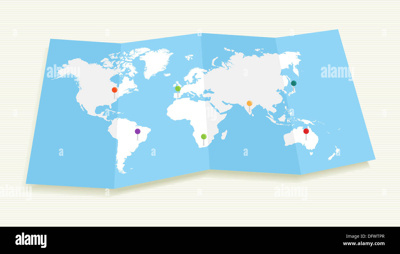 Weltkarte mit GPS-Standort Pins Reisen Elemente Abbildung. EPS10 Vektor-Datei organisiert in Schichten für die einfache Bearbeitung. Stockfoto