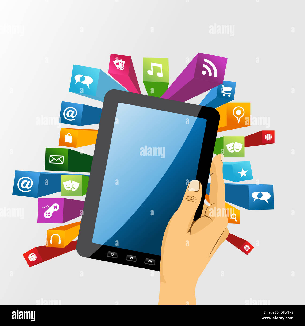 Social-Media-Konzept auf Tablet-Gerät mit Technologie Icons und Symbole. EPS-Vektor. Stockfoto