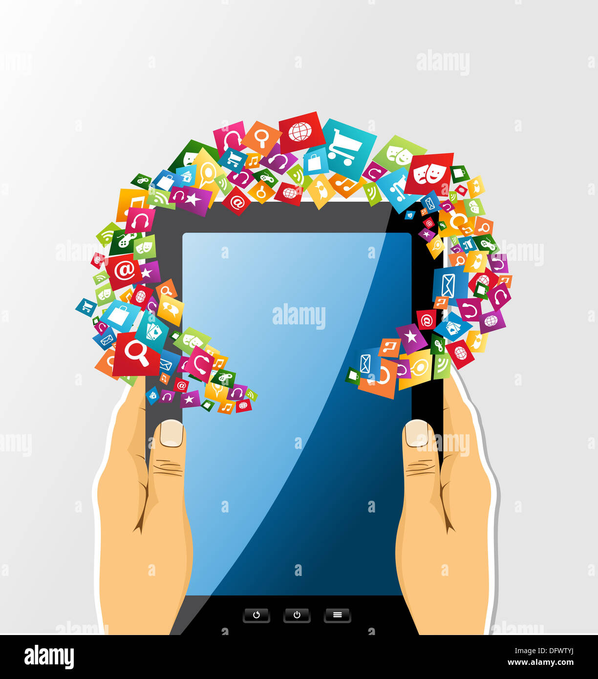 Social-Media-Konzept auf Tablet-Gerät mit Technologie Icons und Symbole. EPS-Vektor. Stockfoto